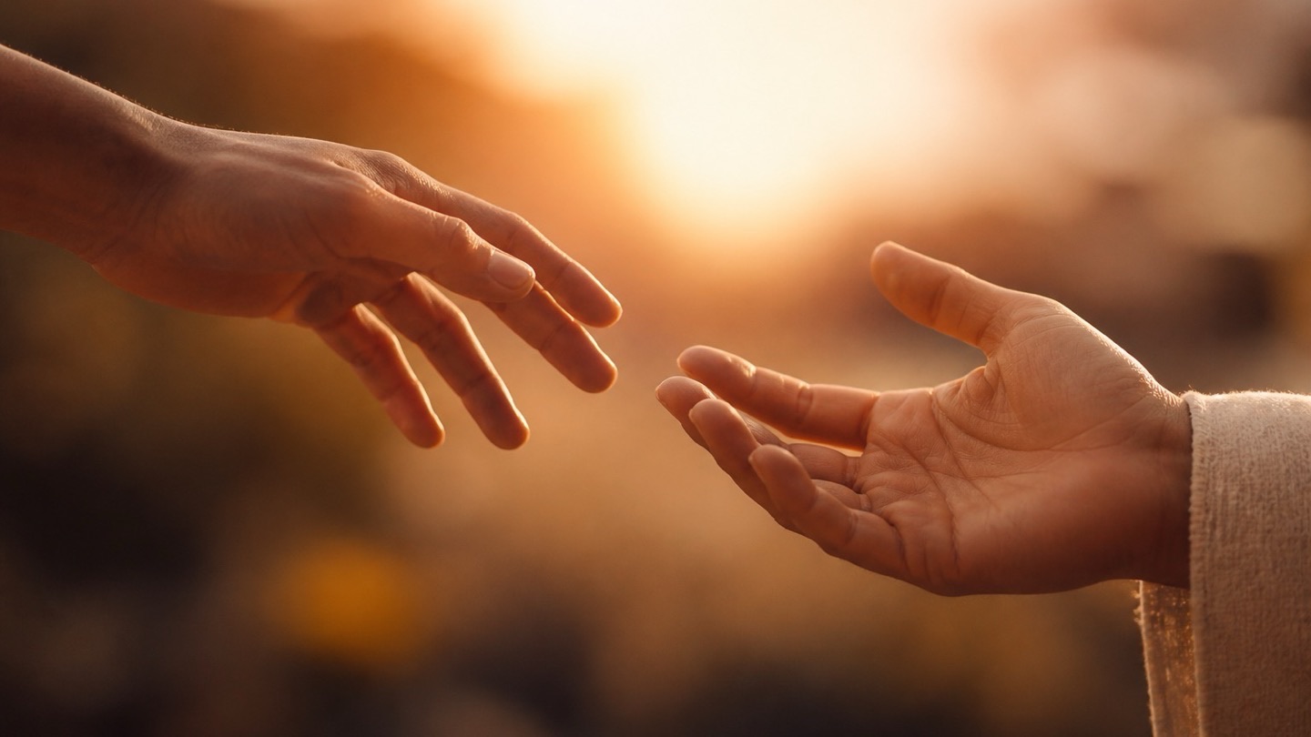 Duas mãos se encontram à luz dourada de fim de tarde, evocando reconciliação e perdão